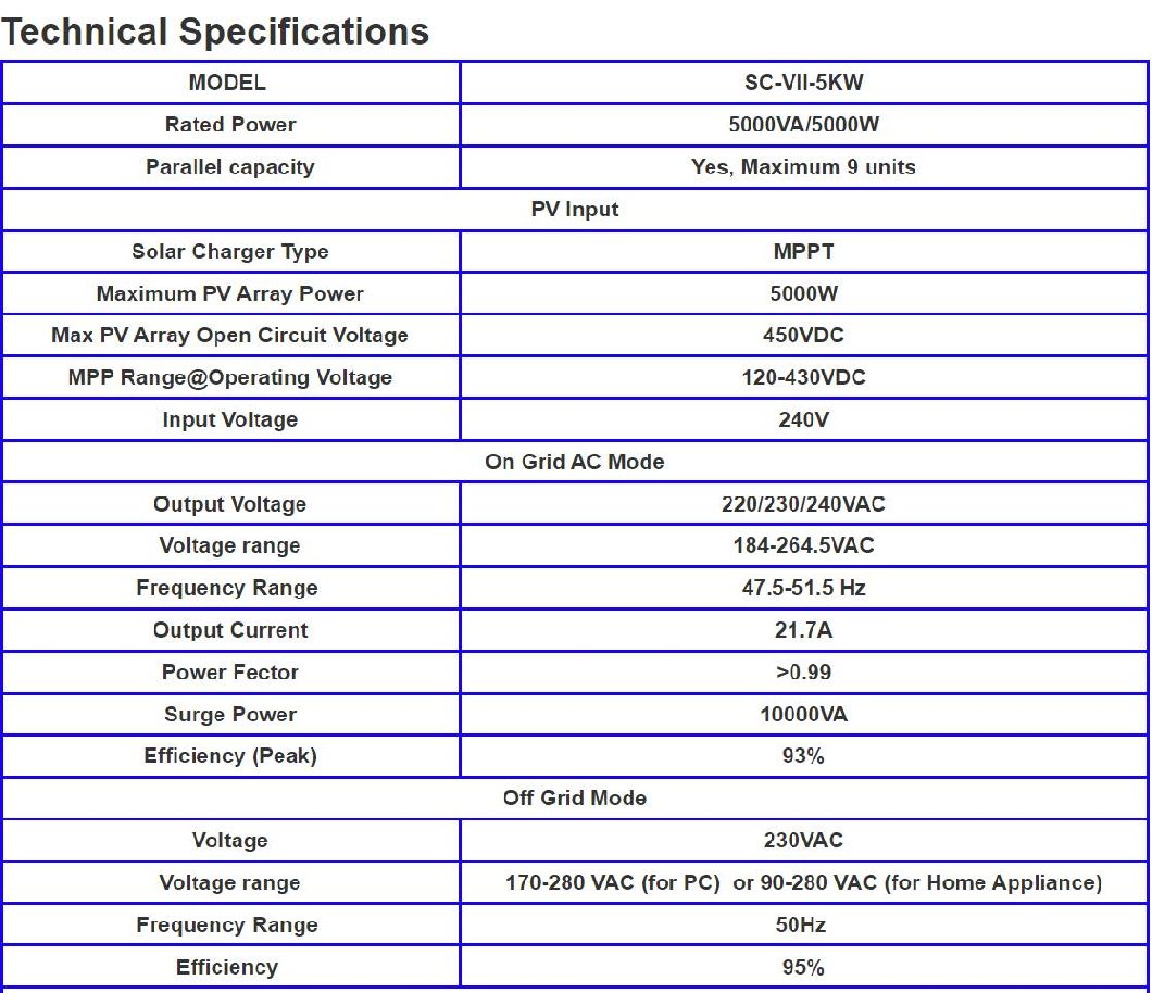5kw 混合太阳能逆变器并网/离网太阳能并网逆变器单相输出 220V 并联型带充电器和 MPPT 控制器